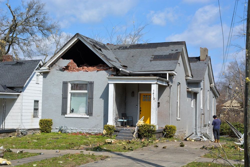 A tornado in Nashville, Tennessee damages historic buildings in the Buena Vista neighborhood.