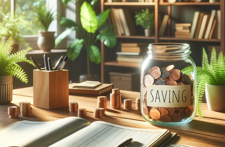 Image of a jar of coins with the word "saving" sitting on top of a desk.