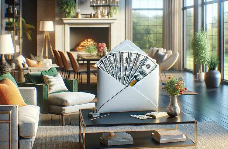 Image of a home living room with an envelope with cash inside in the middle.