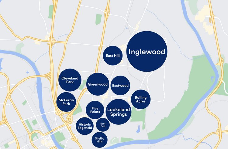 A map depicting the neighborhoods located in East Nashville