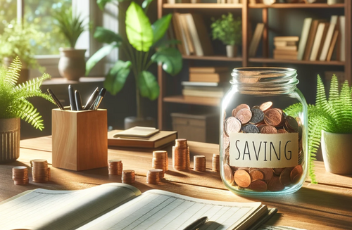 Image of a jar of coins with the word "saving" sitting on top of a desk.