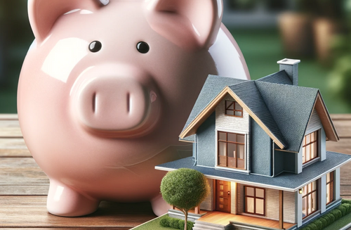 Image of a piggy bank next to a model of a house.
