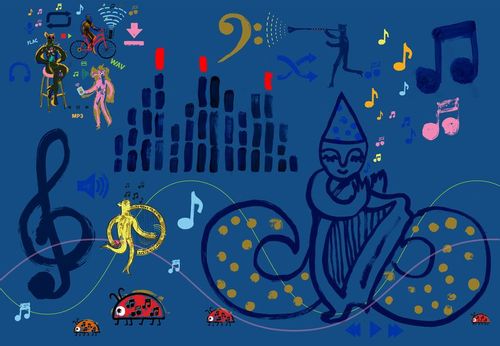 Cartoon Character with Harp and Music