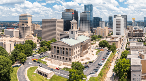 Ariel image of the Tennessee State Capital building in Nashville.